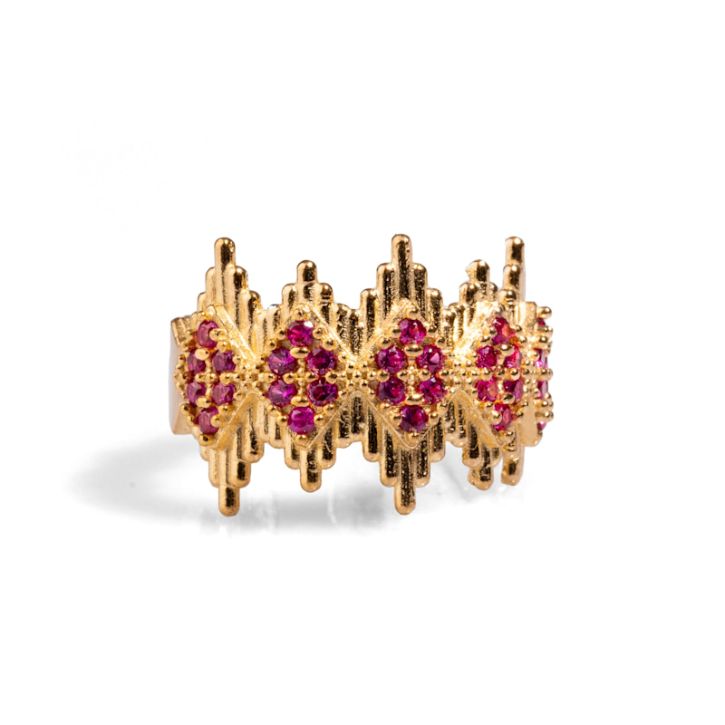 Thumbnail of Ruby Stone & Gold Crown Adjustable Statement Ring - Pink image