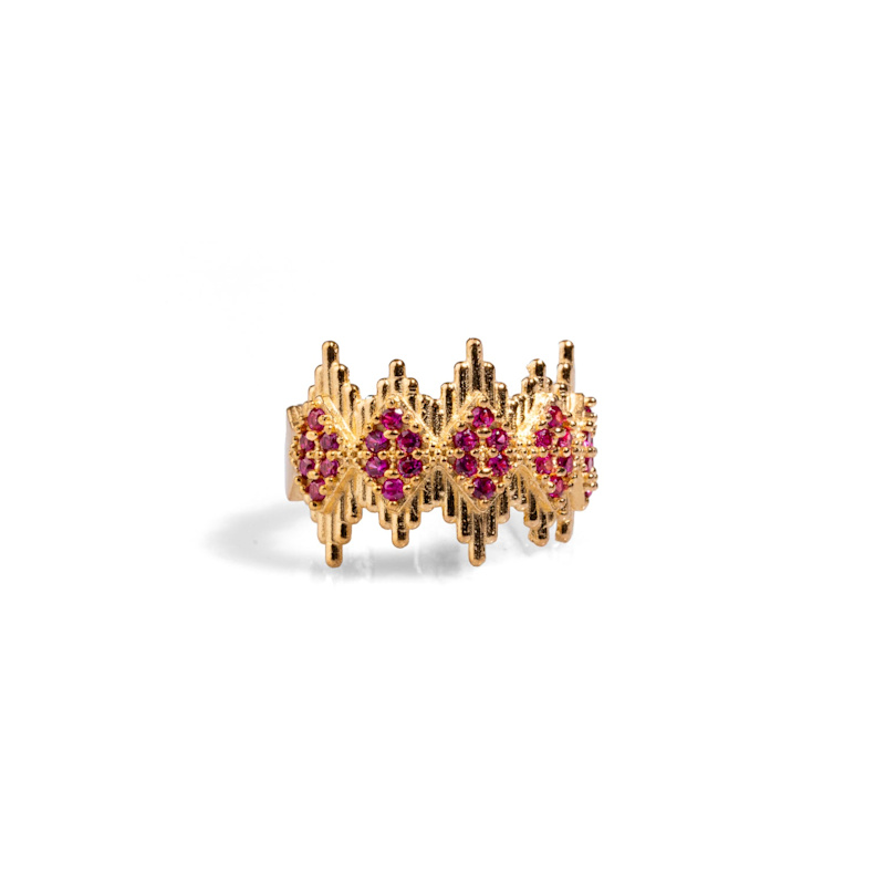 Thumbnail of Ruby Stone & Gold Crown Adjustable Statement Ring - Pink image