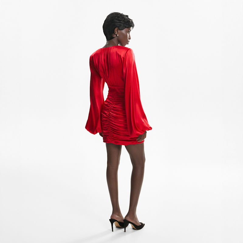 Ruched Floral-Appliqu Red Dress | LITA COUTURE | Wolf & Badger