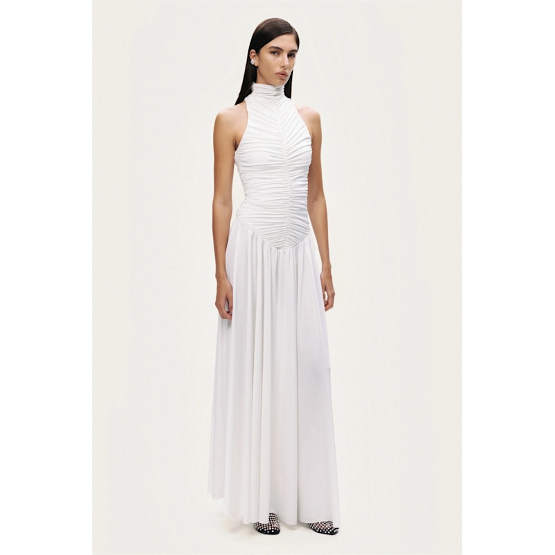 Thumbnail of White Ruched High-Neck Maxi Dress image