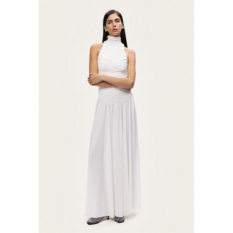 Thumbnail of White Ruched High-Neck Maxi Dress image