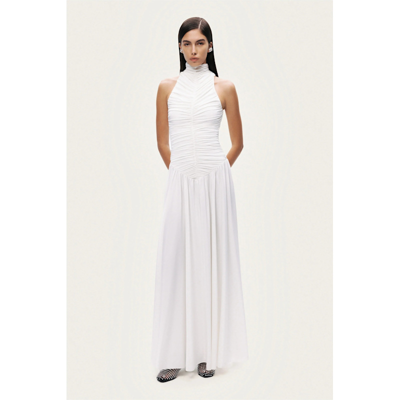 Thumbnail of White Ruched High-Neck Maxi Dress image