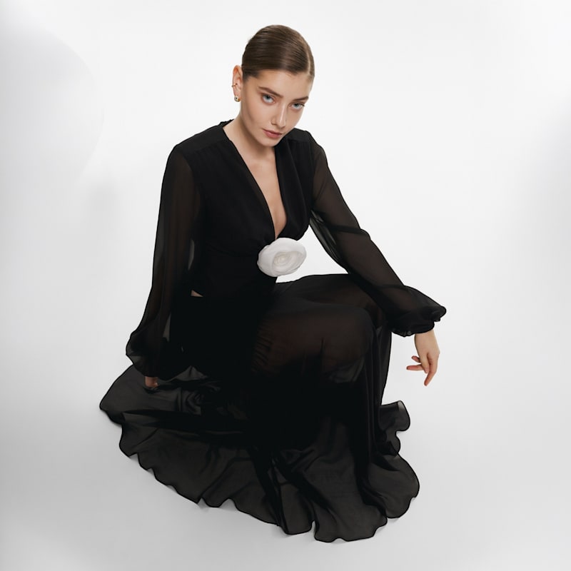 Thumbnail of Ruched Maxi Skirt In Black Georgette Silk image