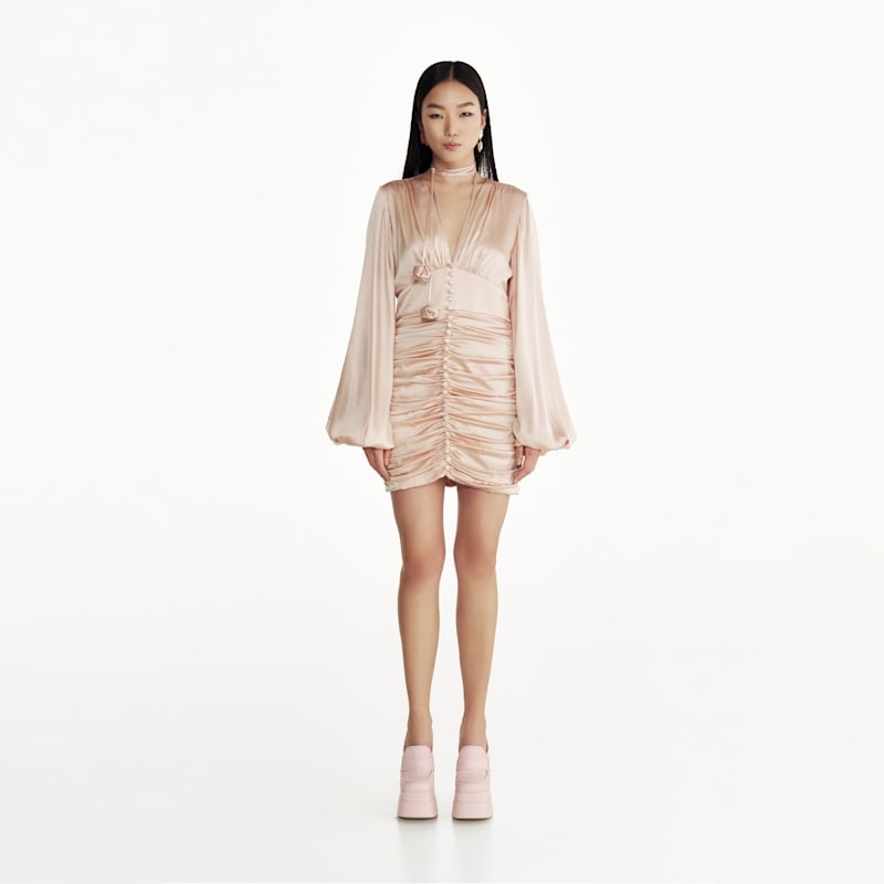 Thumbnail of Ruched Mini Dress In Pink Satin image