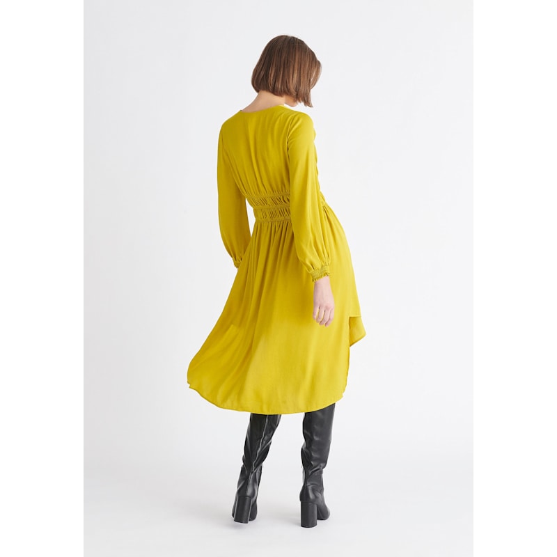 Ruched Waist Midi Dress In Mustard Yellow | PAISIE | Wolf & Badger