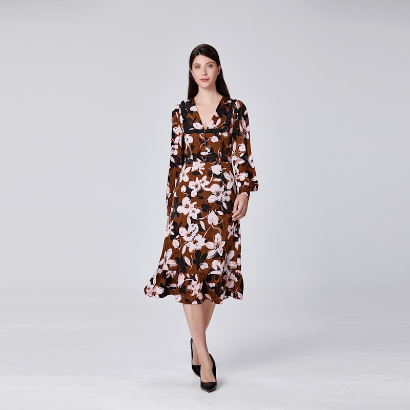 Ruffle Collar Macro Flower Print Dress