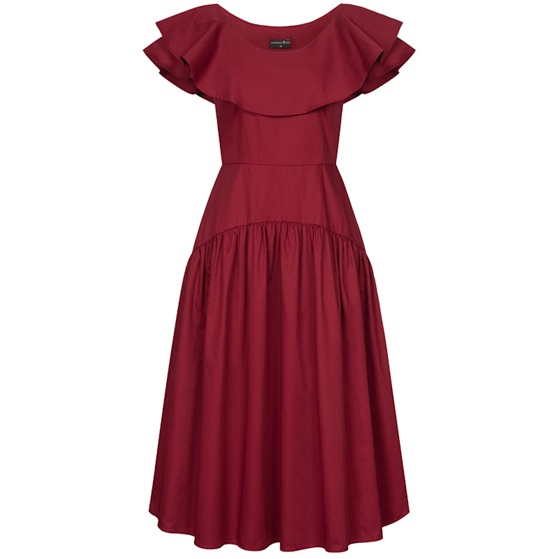 Marianna Dri Ruffled Midi Dress Bordeaux-Red Size: XS