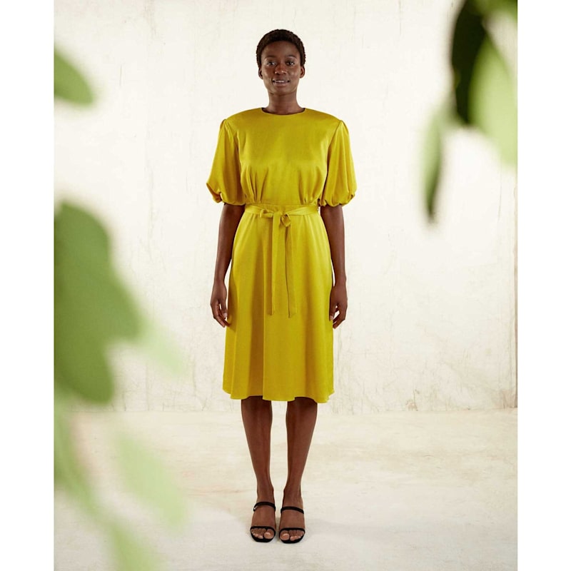 Thumbnail of Draped Puff Sleeve Satin Dress - Golden Yellow image