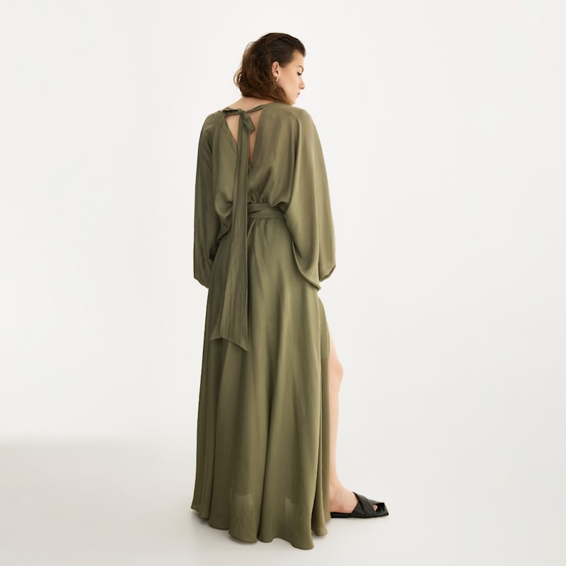 Thumbnail of Pure Silk Wrap Dress In Olive image