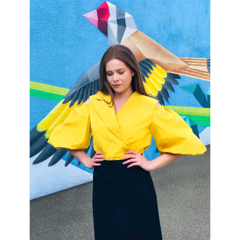 Thumbnail of Cold Shoulder Puff Sleeve Lapel Top - Yellow & Orange image