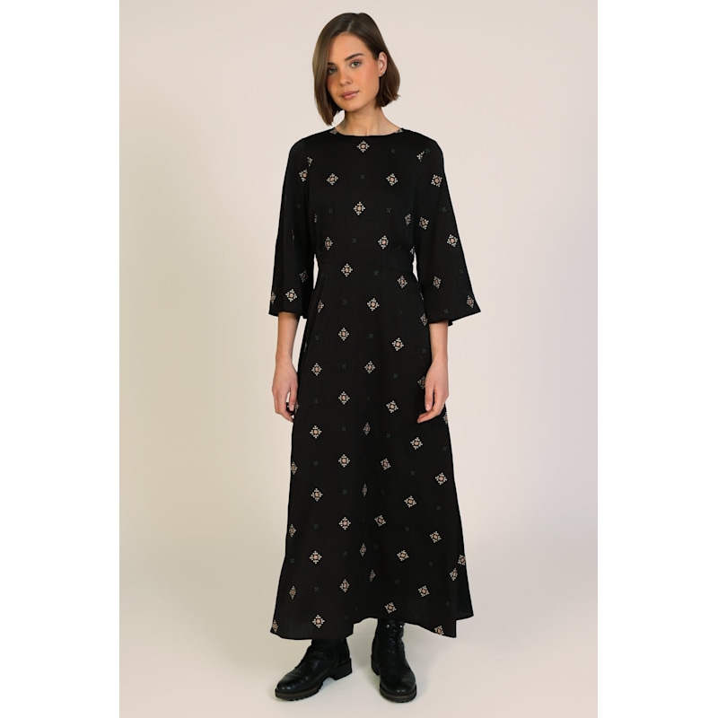 artisanal black maxi dress Sacred Silence Embroidered Long Sleeve Deme | Traffic People earth elegance breathing through