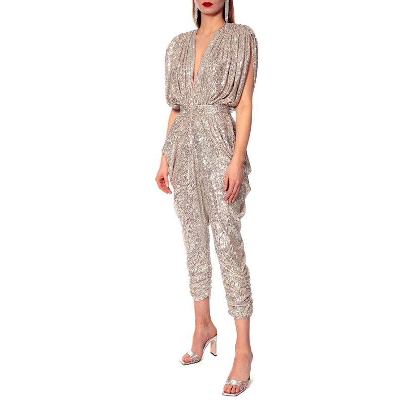 Thumbnail of Saddie Champagne Draped Sequinned Jumpsuit image