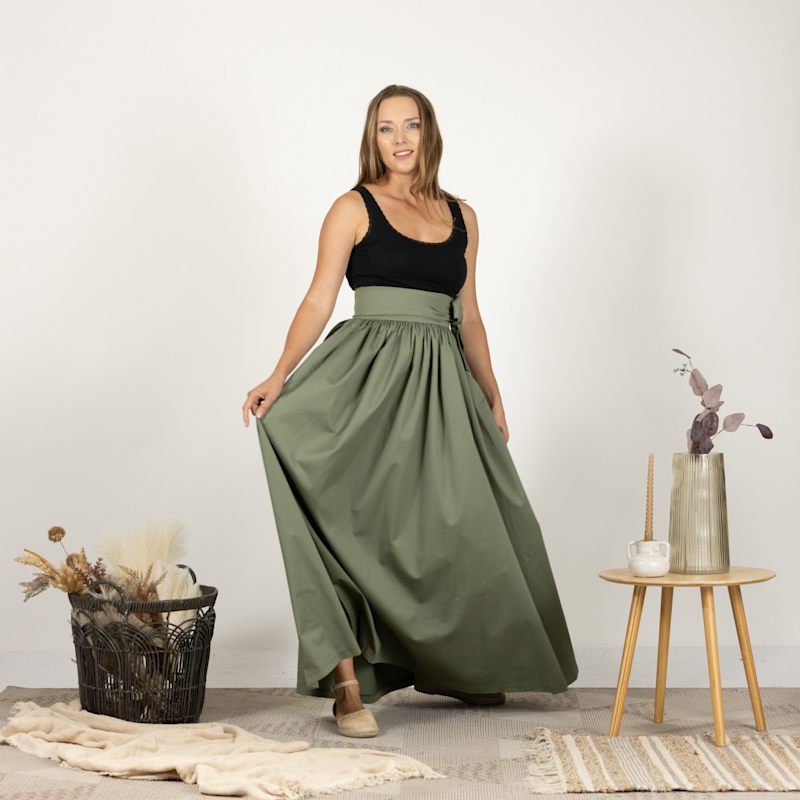 Thumbnail of High Waist Cotton Gathered Skirt With Front Bow & Pockets In Sage Green Color image