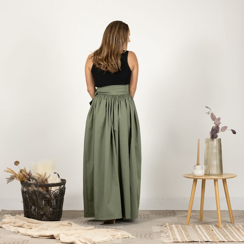 Thumbnail of High Waist Cotton Gathered Skirt With Front Bow & Pockets In Sage Green Color image