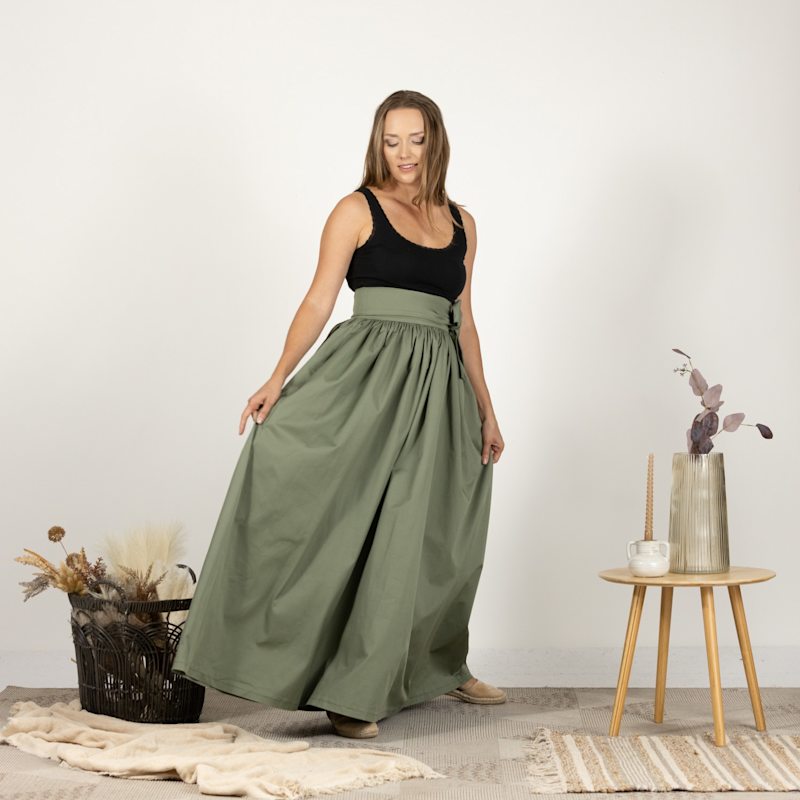 Thumbnail of High Waist Cotton Gathered Skirt With Front Bow & Pockets In Sage Green Color image