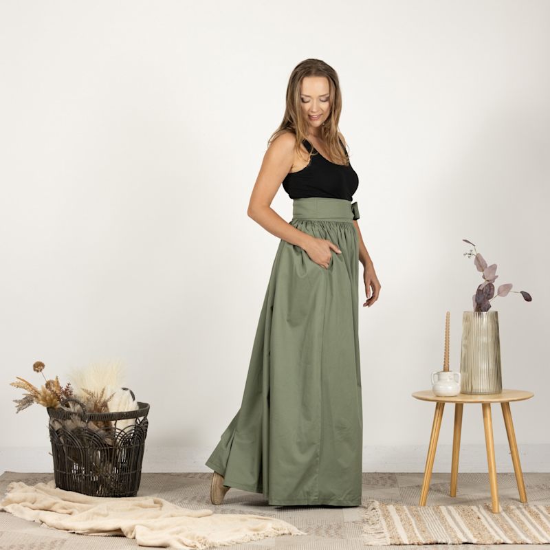 Thumbnail of High Waist Cotton Gathered Skirt With Front Bow & Pockets In Sage Green Color image