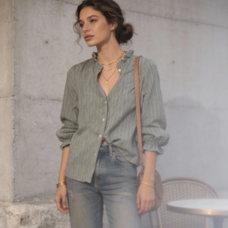 Thumbnail of Sage Green Stripe Ruffle-Neck Blouse image
