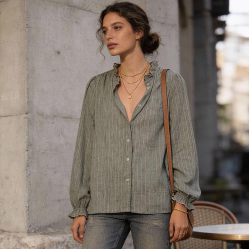 Thumbnail of Sage Green Stripe Ruffle-Neck Blouse image