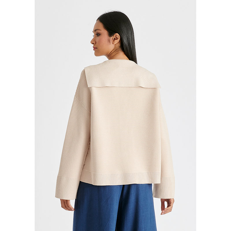 Sailor Collar Ribbed Cardigan In Beige | PAISIE | Wolf & Badger