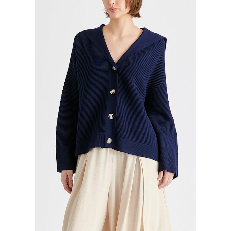 Sailor Collar Ribbed Cardigan In Navy | PAISIE | Wolf & Badger