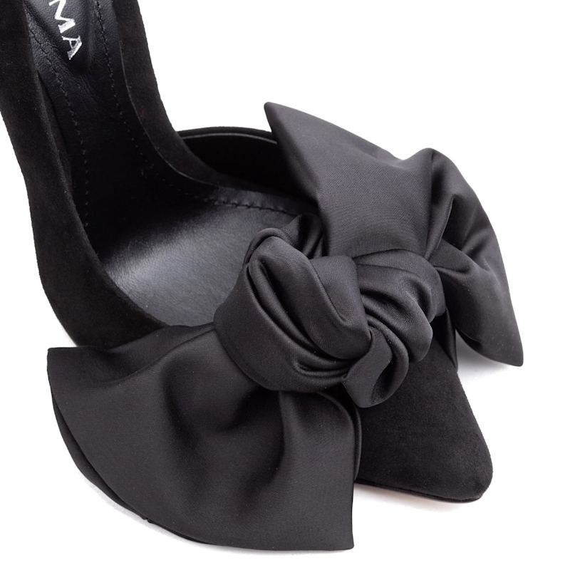 Thumbnail of Samantha Black Suede And Oversized Black Satin Bow Open Sided Stiletto image