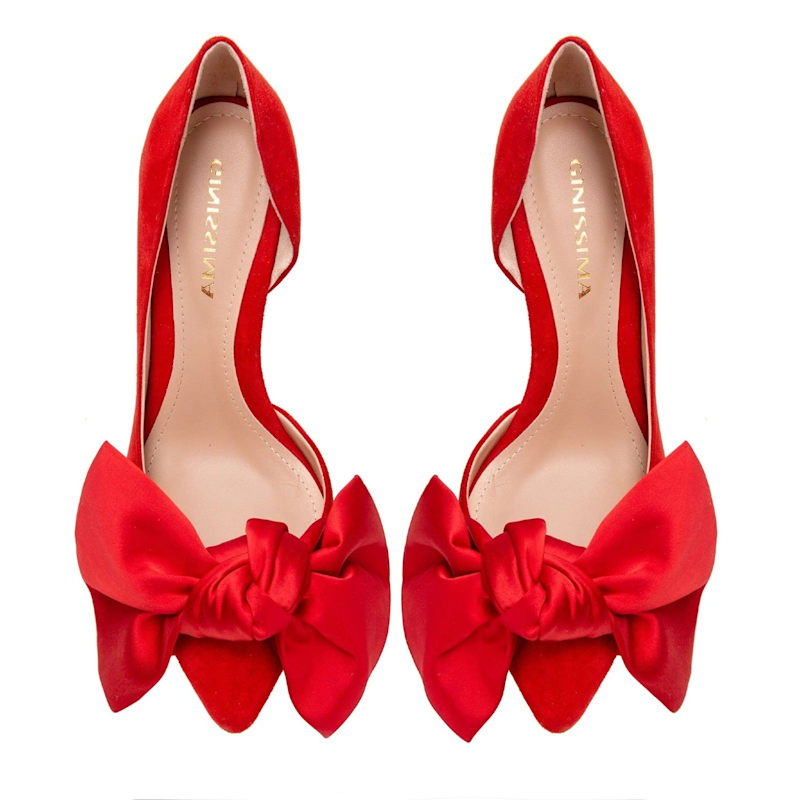 Samantha Red Suede And Oversized Red Satin Bow Open Sided Stiletto