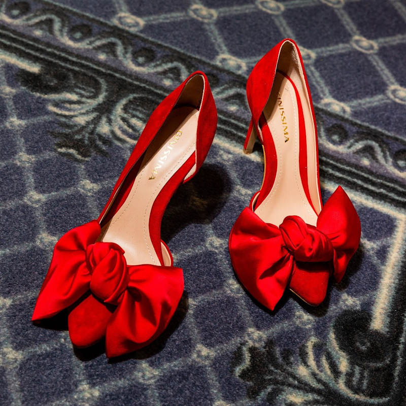 Thumbnail of Samantha Red Suede And Oversized Red Satin Bow Open Sided Stiletto image