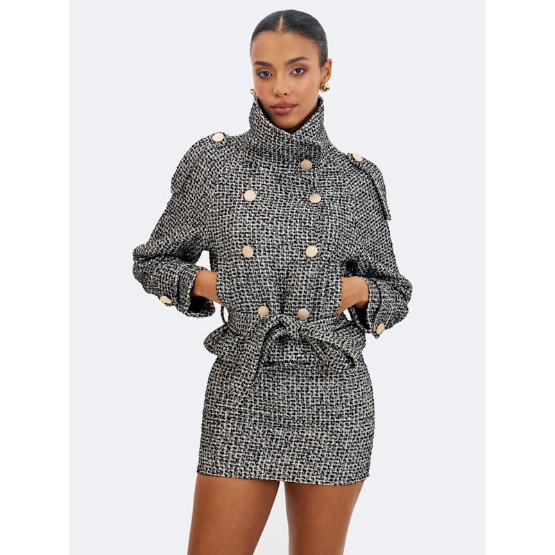 Sadie Black & White Tweed High Collar Belted Mini Jacket | Miss