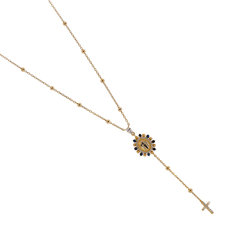 Thumbnail of Sapphire & Diamond Virgin Marry & Cross Pendant Gold Chain Necklace - Gold image