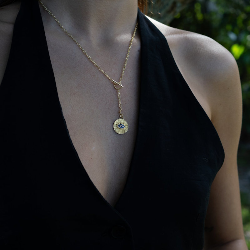 Thumbnail of Sapphire Guardian Evil Eye Lariat Gold Necklace - Gold image