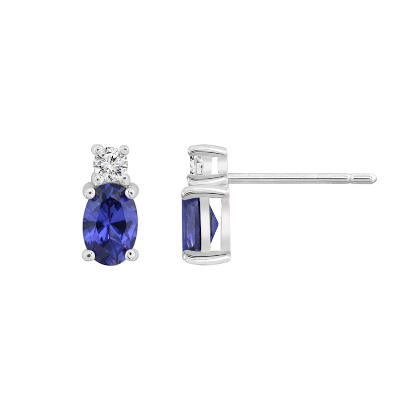Thumbnail of Oval Cut Created Sapphire And Lab Grown Diamond Two Stones Stud Earrings image