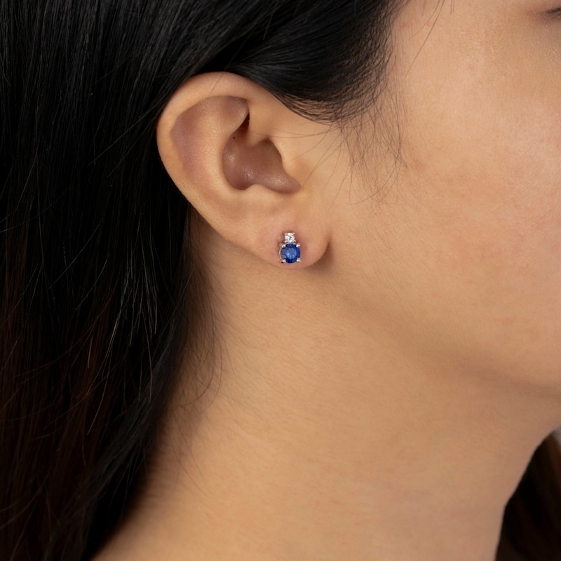 Thumbnail of Round Cut Created Sapphire And Lab Grown Diamond Two Stones Stud Earrings image