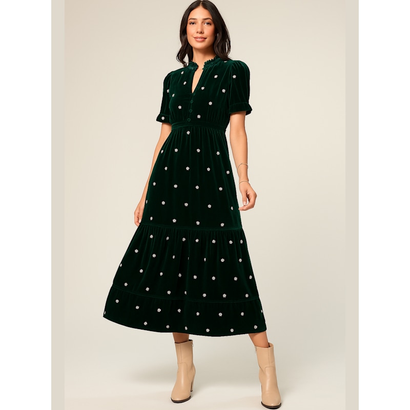 green velvet embroidered dress Green Silky Velvet Embroidery main image 0