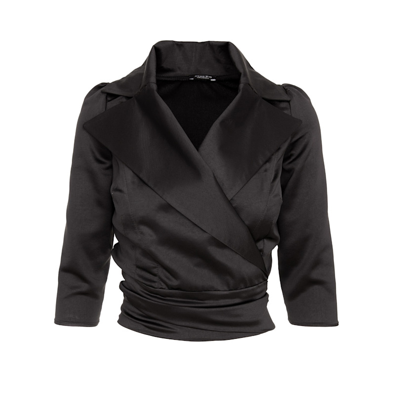 Thumbnail of Satin Lapel Wrap Blouse With Bow - Black image
