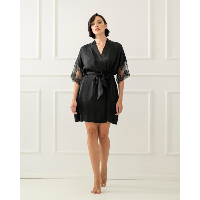 Thumbnail of Satin Robe With Lace - Timeless Elegance - Black image