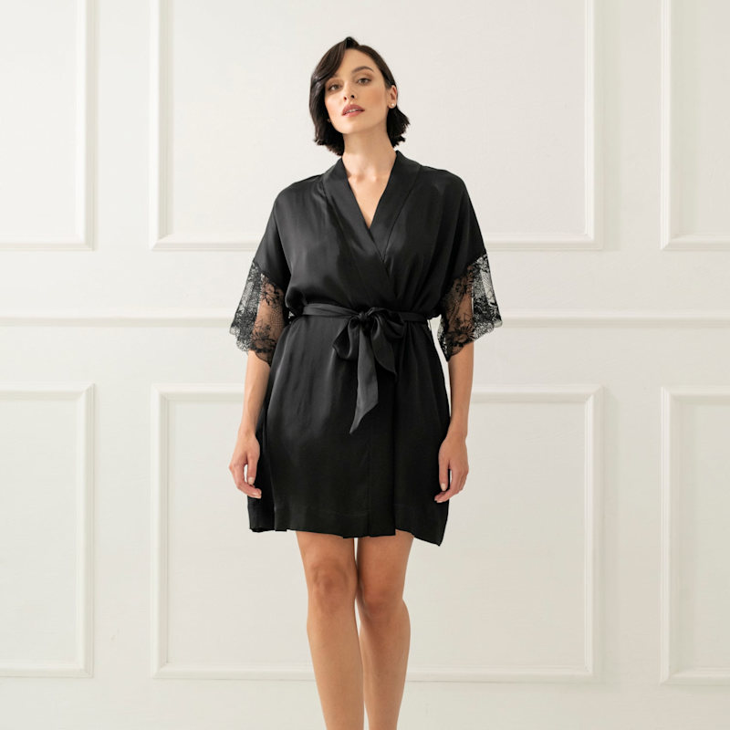 Thumbnail of Satin Robe With Lace - Timeless Elegance - Black image