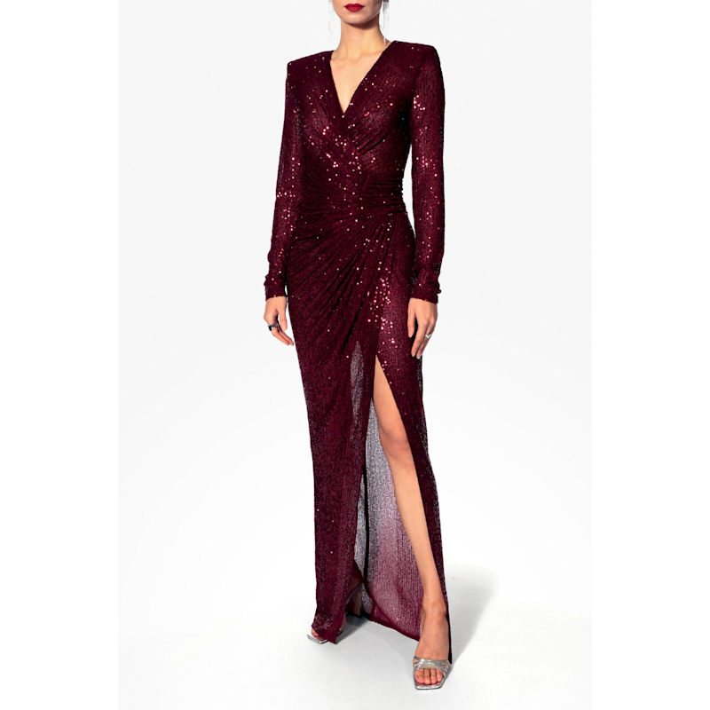 Thumbnail of Scarlet Burgundy Sparkle Sequined Maxi Dress With Long Sleeve image