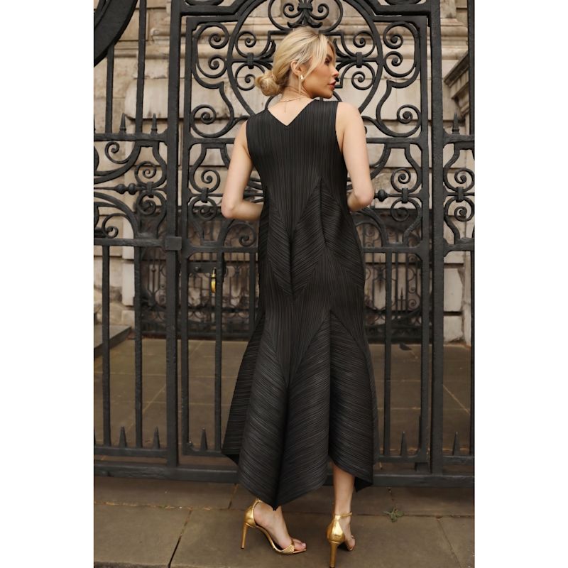 midi dress with side slits Black Midi Wedding Guest Dress with Beaded Flowers– PromGirl