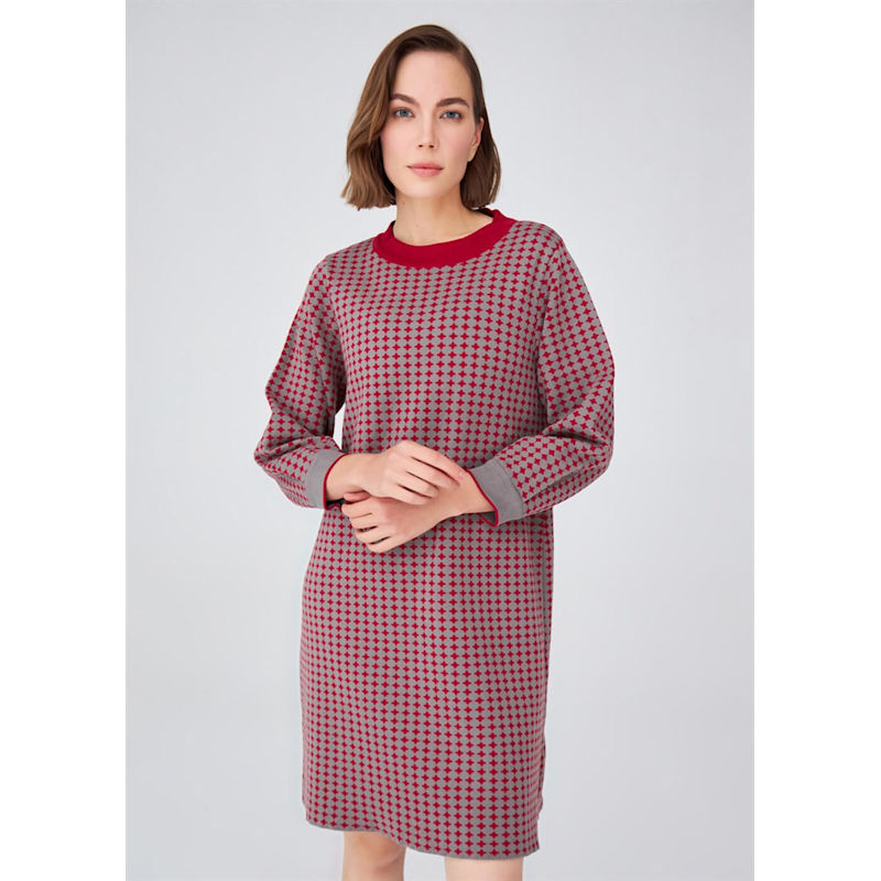 Thumbnail of Organic Cotton Wide O-Neck 3/4 Pleated Sleeve Above-Knee Knitwear Dress - Grey/Bordeaux image