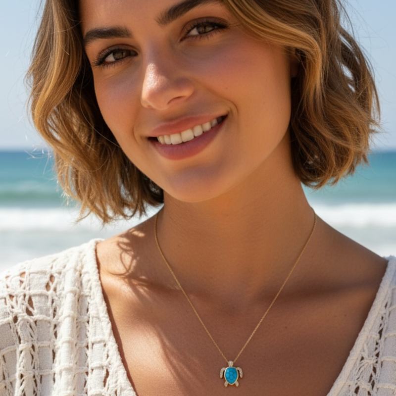 Thumbnail of Sea Turtle Pendant Necklace Gold Turquoise Blue image