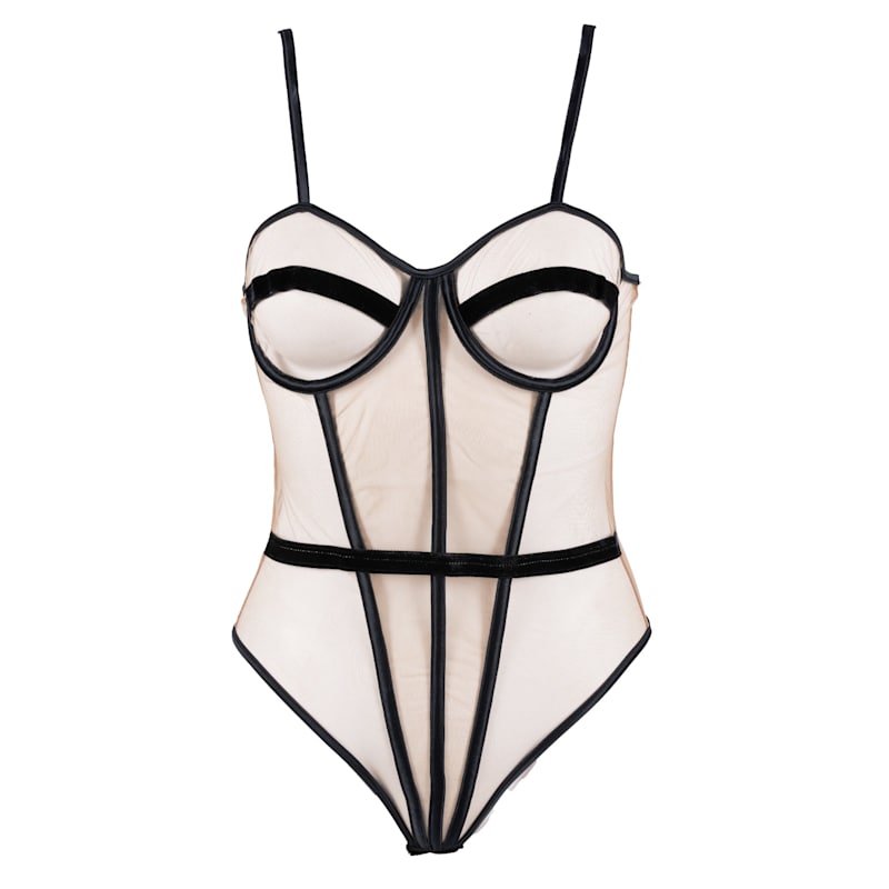 Thumbnail of Second Skin Mesh And Velvet Black Bodysuit Zaza Nude And Black image