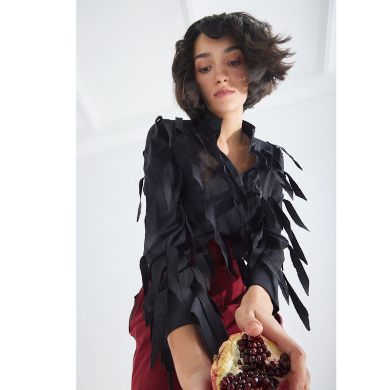 Semi-Sheer Evening Blouse Textured Crepe Black by Julia Allert