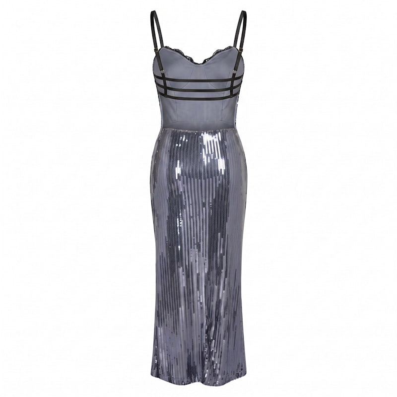 Sequin Maxi Dress With Lace Bustier Top And Strappy Open Back
