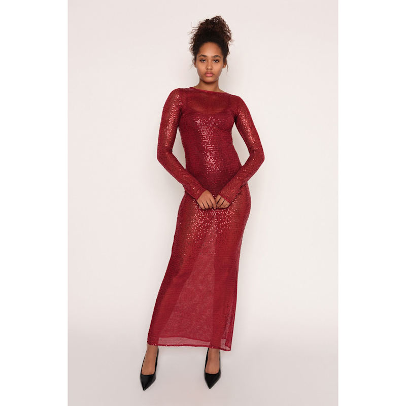 Thumbnail of Sequin Sheer Long Sleeve Maxi Dress, Red image