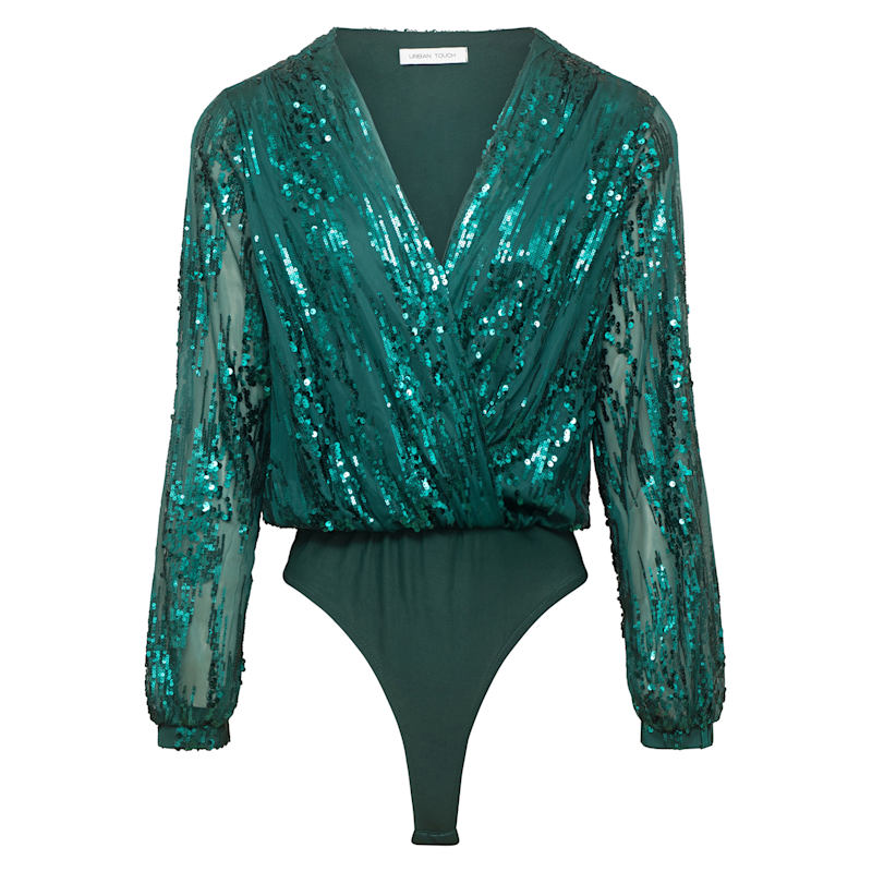 Thumbnail of Sequin Wrap Bodysuit With Long Sleeve Green image