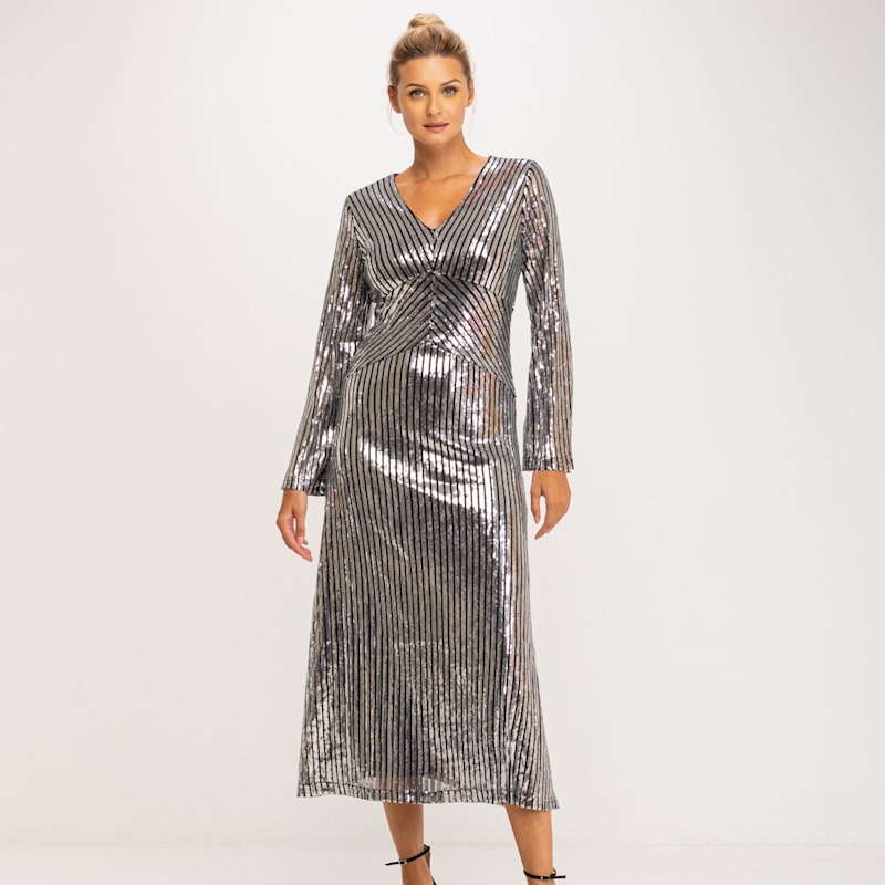 Thumbnail of Sequined Midi A Line Dress With Long Sleeves image