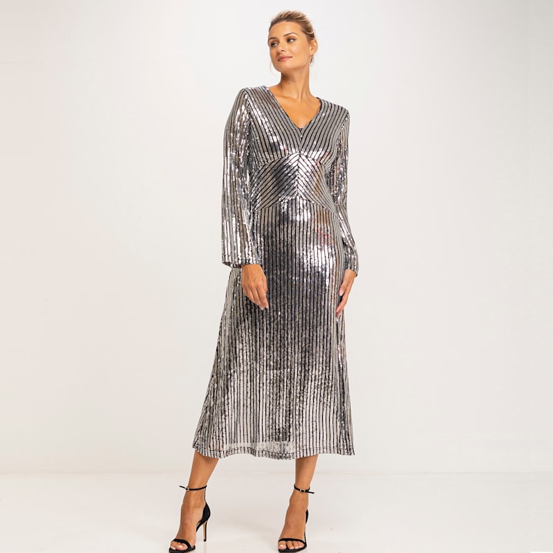 Thumbnail of Sequined Midi A Line Dress With Long Sleeves image