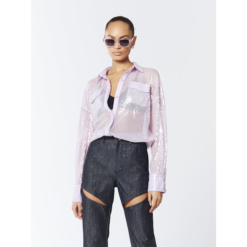 Thumbnail of Sequined Sheer Oversized Shirt In Wisteria Purple image