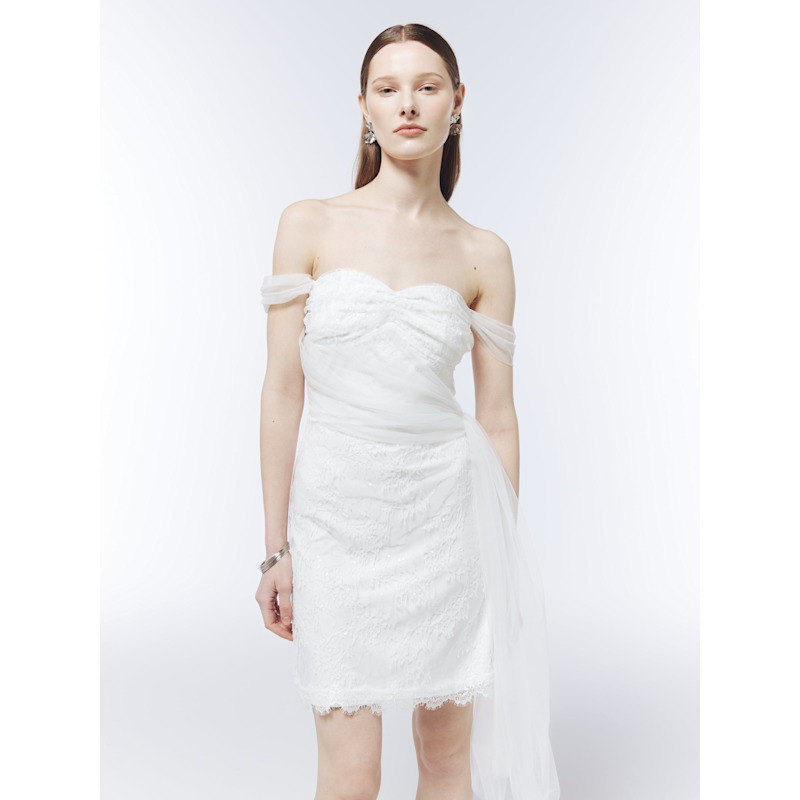 off shoulder draped mini dress Women's Yena Off-Shoulder Draped Mini Dress S/M/L/Customize Ivory MEAN BLVD Ivory / M