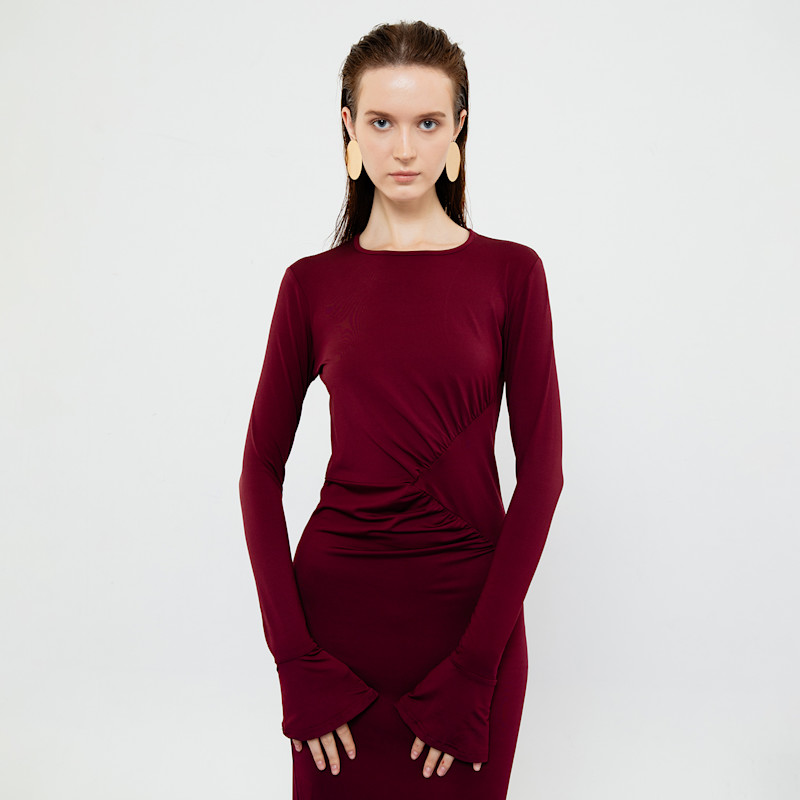 maroon bodycon maxi dress Ruched Cowl Neck Maxi Dress in Maroon